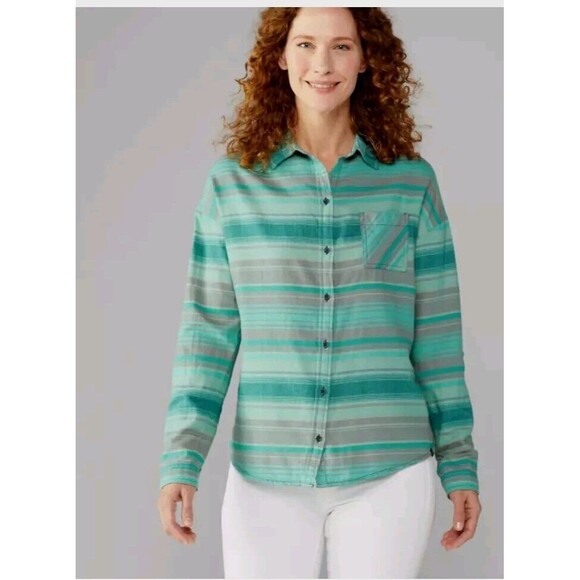 NWT PRANA Womens Percy Lightweight Flannel Long Sleeve Shirt Atlantic Stripe S - Picture 1 of 9